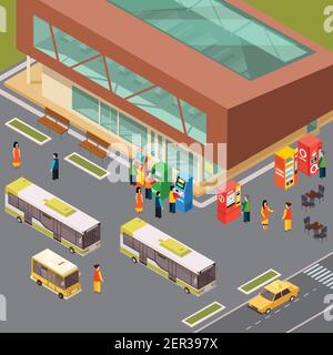 Atm vending and ticket machines at bus station and outdoor cafe 3d isometric vector illustration Stock Vector