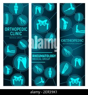 Orthopedics and rheumatology, joint diseases treatment. Human body joints x-ray, spine, knee and hip, pelvis, shoulder and foot, wrist, elbow vector. Stock Vector