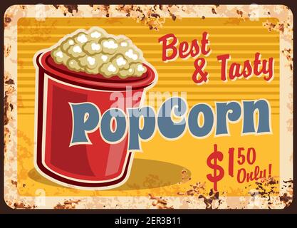 Popcorn rusty metal plate, vector bucket full of tasty pop corn vintage rust tin sign. Street junk meal, promotional retro poster, ferruginous price t Stock Vector