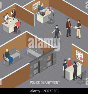 Police department interior isometric composition with crime suspect in pretrial provisional detention and detectives office vector illustration Stock Vector