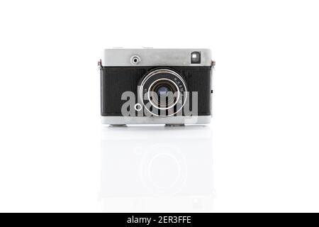 Old-time rusty photo-camera on white background Stock Photo