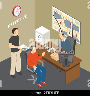 Solving crime investigator collecting information talking to witness in law enforcement agency detectives office isometric vector illustration Stock Vector