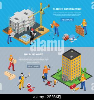 Construction isometric set of two horizontal banners with building images editable text and read more button vector illustration Stock Vector