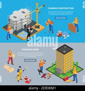 Construction isometric set of two horizontal banners with building images editable text and read more button vector illustration Stock Vector