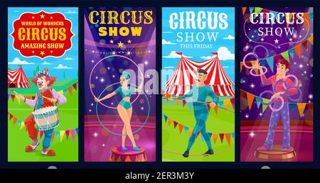 Circus performers vector banners. Big top gymnast woman, clown, ropewalker and juggler cartoon characters on top tent arena with acrobatics and magica Stock Vector