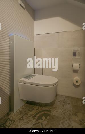 Glance into a toilet with a shower toilet and matching accessories, the walls are covered with beautiful brownish tiles Stock Photo