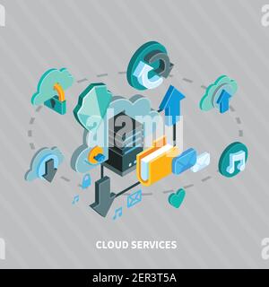 Cloud services and secure file storage isometric concept on grey background 3d vector illustration Stock Vector