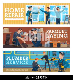 Home repair, flooring installation and plumber service banners. Windows installers measuring and setting glass, handyman laying parquet or laminate ti Stock Vector