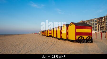 Vintage beach huts along the North Sea coast in Belgium Stock Photo
