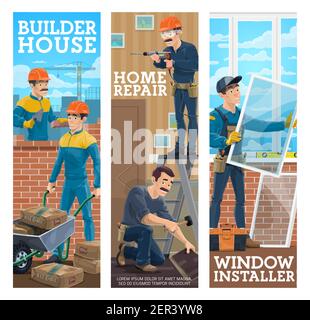 House builder, home repair maser, window installer banners. Builders working on site, handyman laying laminate flooring, installing window. Constructi Stock Vector