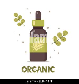 Natural cosmetic from organic plants. Couple of green leaves and bottle. Spa bio creme bottle. Stylish concept for vegan organic cosmetics in flat des Stock Vector