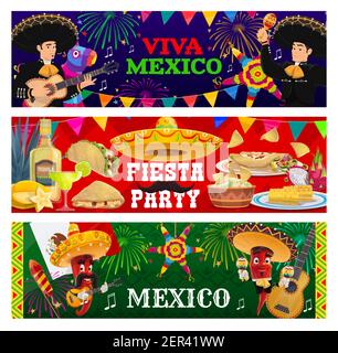 Viva Mexico, fiesta party vector banners. Mariachi musicians, jalapeno chili peppers in sombrero playing guitar. Mexican guacamole, nachos with corn, Stock Vector