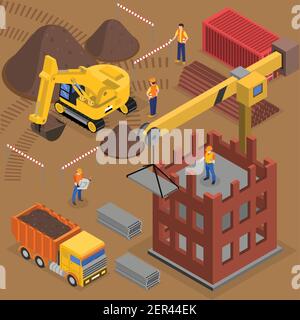 Construction isometric composition with images of building machinery workers and crane near high rise block under construction vector illustration Stock Vector