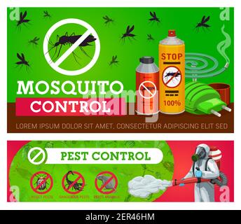 Pest control, mosquito disinsection vector banners with repellents and exterminator with cold fogger. Home insects disinsection. Mosquito fumigation t Stock Vector