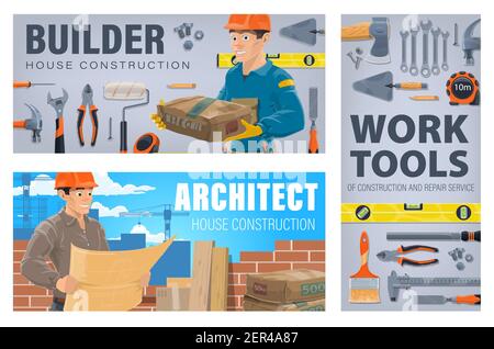 House construction workers and tools banner. Builder holding sack of cement, construction architect or engineer looking on building plan blueprint. Ha Stock Vector