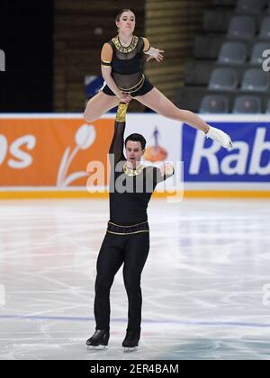 THE HAGUE, NETHERLANDS - FEBRUARY 28: Alexandra Herbrikova and Nicolas Roulet of Switzerland compete in the figure skating pairs free skate program on Day 4 during the Challenge Cup 2021 match between  and  at De Uithof on February 28, 2021 in The Hague, Netherlands (Photo by Gerrit van Keulen/Orange Pictures) Stock Photo