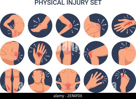 Human body physical injury round flat set with shoulder knee finger burn cut wounds isolated vector illustration Stock Vector