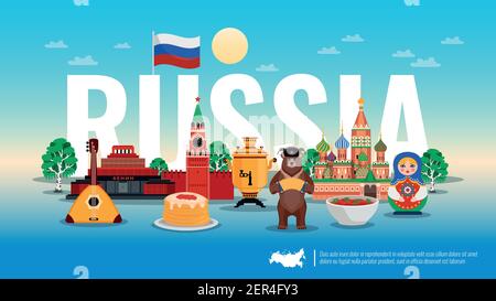 Russia travel flat horizontal composition with pancakes caviar bear borscht beet soup kremlin birch tree vector illustration Stock Vector