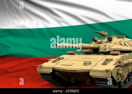 Heavy tank with fictional design on Bulgaria flag background - modern tank army forces concept, military 3D Illustration Stock Photo