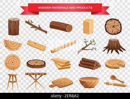 Wood material and manufactured products set with tree trunk branches planks kitchen utensils transparent background vector illustration Stock Vector