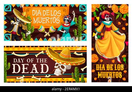 Day of the Dead vector banners with Dia de los Muertos skeletons. Mexican holiday skulls, sombrero hats and maracas, Catrina Calavera and mariachi mus Stock Vector