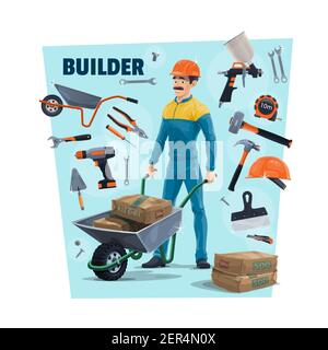 Builder, construction worker and tools. Cartoon vector builder carrying a cement in wheelbarrow, sprayer and hammer, measuring tape, screwdriver and t Stock Vector