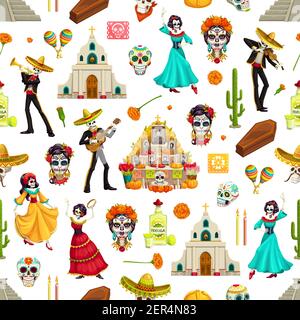 Day of Dead sugar skulls, marigolds and sombreros seamless pattern. Dia de los Muertos vector background of mariachi and flamenco dancer skeletons wit Stock Vector