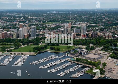 Aerial photograph of Milwaukee, Wisconsin on an overcast summer day. Stock Photo