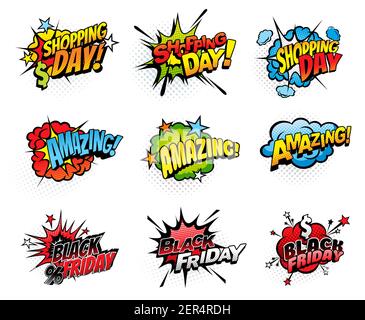 Comics bubbles for shopping day and black friday isolated vector icons. Cartoon pop art retro sound cloud blast explosion with stars, percent and doll Stock Vector