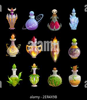Potion bottles vector icons, magic elixir in glass flasks with green leaves, fire, ice crystals and skull. Magic gui or rpg games assets. Witch poison Stock Vector