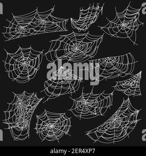 Net and web of spiders vector set of Halloween horror holiday. White sticky silk threads of cobweb and spiderweb isolated on black background, scary b Stock Vector