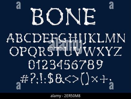 Font of bones, vector Halloween and Dia de los Muertos holidays design. Alphabet type of human skeleton bones, capital letters, numbers or digits and Stock Vector