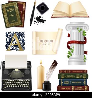 Set of realistic literature objects pens with inkwell vintage books and typewriter isolated vector illustration Stock Vector