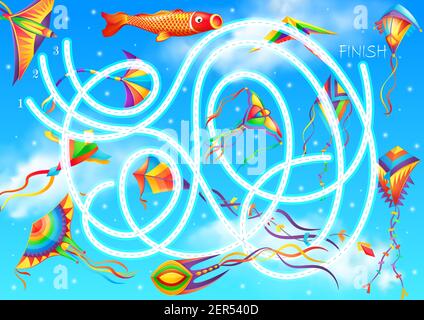 Maze or labyrinth game vector template of kids education design with cartoon kites on blue sky background. Find way or path puzzle with paper kites in Stock Vector