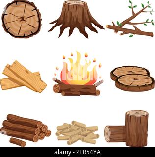 Firewood flat elements collection with tree stump branches cut logs circular segments planks campfire isolated vector illustration Stock Vector