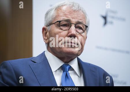 UNITED STATES - APRIL 19: Former senator and Defense Secretary Chuck Hagel, participates in a briefing in Dirksen Building titled 'U.S. National Security and the Travel Ban,' on April 19, 2018. The event was hosted by Human Rights First and Only Through US. (Photo By Tom Williams/CQ Roll Call)