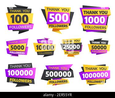 Labels or stickers for followers milestone, vector elements with numbers and typography for internet social media networks. followers thank you congra Stock Vector