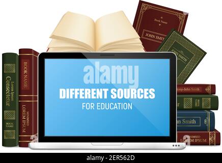 Education books in hard cover and laptop with lettering on blue screen 3d vector illustration Stock Vector