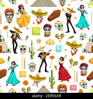 Mexican Day of the Dead seamless pattern. Vector background of Dia de los Muertos sugar skulls, sombreros and guitars, Catrina, marigold flowers and c Stock Vector