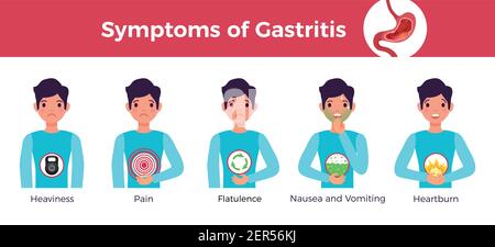 Vector infographic of a man with gastritis symptoms, vomiting, nausea ...