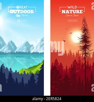 Set of vertical banners with realistic pine forest near mountain lake and at sunset isolated vector illustration Stock Vector