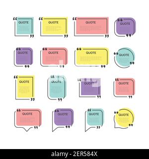 Quote frame template colorful vector set. Speech bubble or text box with quotes, quotation box. Stock Vector