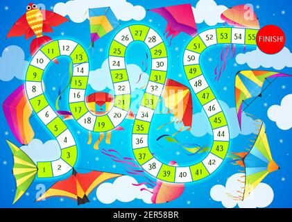 Start to finish children board game vector template with cartoon kites and route map with numbered steps on blue sky background. Kids maze or puzzle b Stock Vector