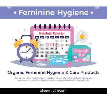 Organic feminine hygiene and care products flat advertising composition with menstrual calendar tampons ultra pads vector illustration Stock Vector