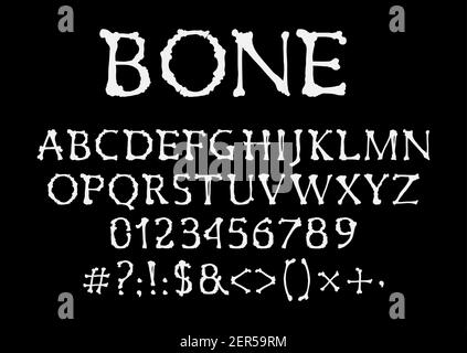 Bones font, halloween vector type, uppercase alphabet letters, digits and symbols. Skeleton pirate style spooky typeface, numbers and signs. Capital e Stock Vector