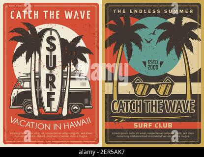 Hawaii vacation and surfing club retro posters. Old van under palm trees, surfboard and beach sunglasses engraving vector. Summer vacation activity, s Stock Vector