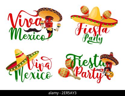 Viva Mexico vector icons set with Mexican fiesta party chilli mariachi characters. Cartoon red peppers with carnival holiday sombrero hats, maracas, g Stock Vector