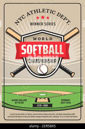 Softball championship grunge vector flyer, sport game tournament. Crossed baseball bats, ball and shield on softball field. Nyc athletic dept game win Stock Vector