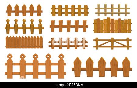 Cartoon fence, wooden palisade vector farm gates or balustrade with pickets. Enclosure railing, banister or fencing sections with decorative pillars. Stock Vector