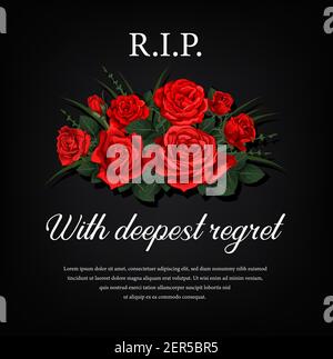 Funeral card with red roses flowers and condolence. Funerary poster, memorial engraving for black gravestone plaque with flowers and typography. Sepul Stock Vector